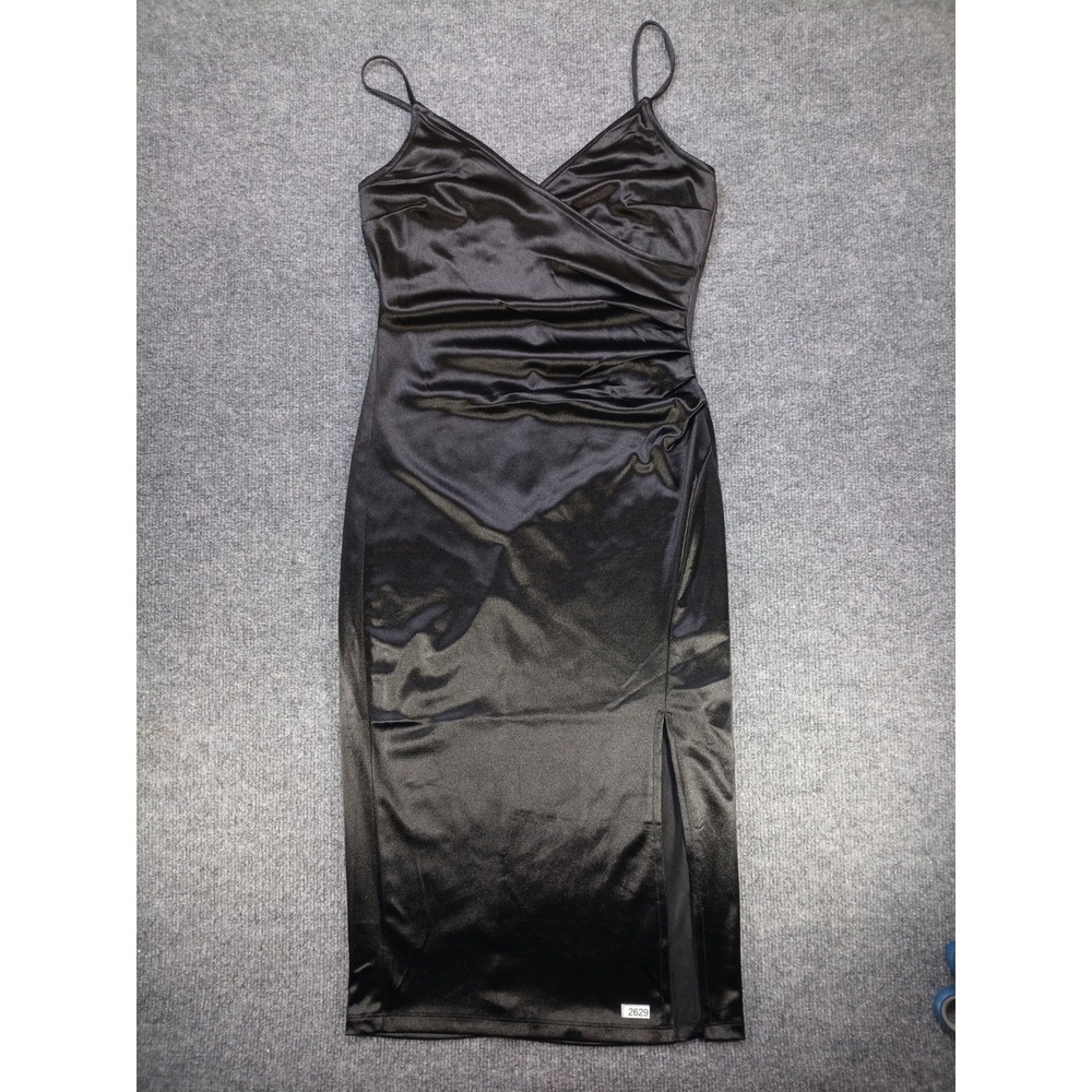 Inspired Hearts Black Satin Midi Dress Women's M Ruched Wrap Front Spaghetti